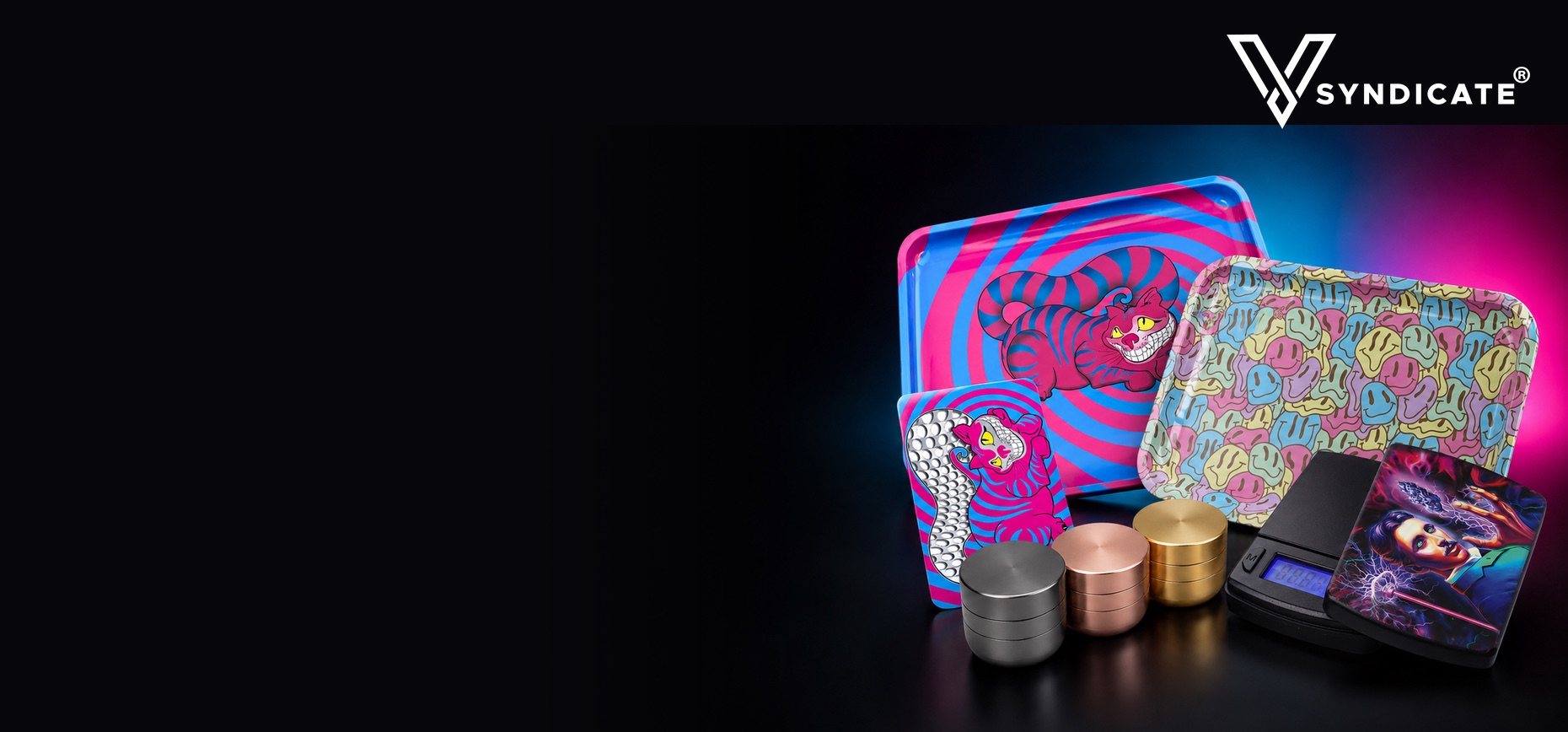 V-Syndicate accessories range banner: art rolling trays, Grinder Card, grinders and digital scale